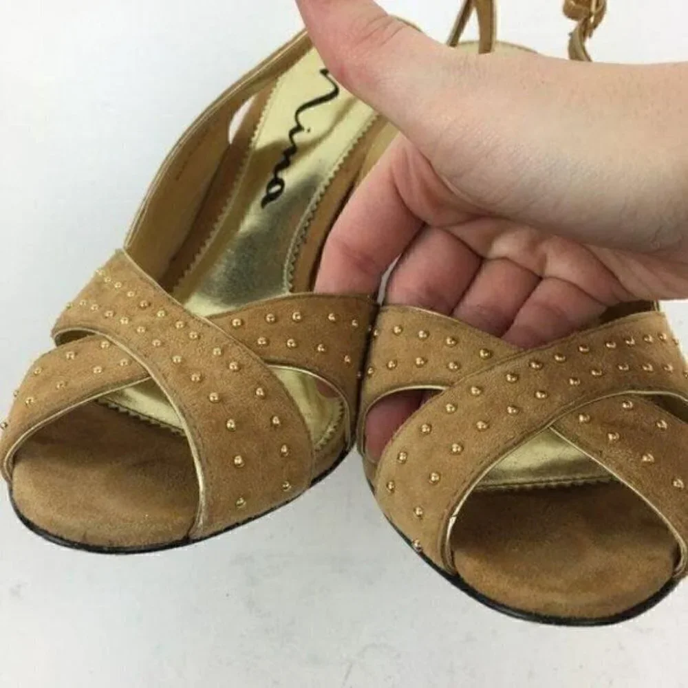 Nina Heels Size 8 38 tan Suede Studded Peep Toe Wedges